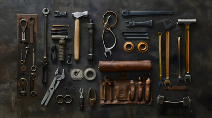 A wood table with a variety of tools and items on it