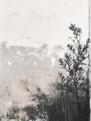 Obraz premium Minimalist black and white photo of a lone plant against a textured wall, conveying simplicity and solitude.