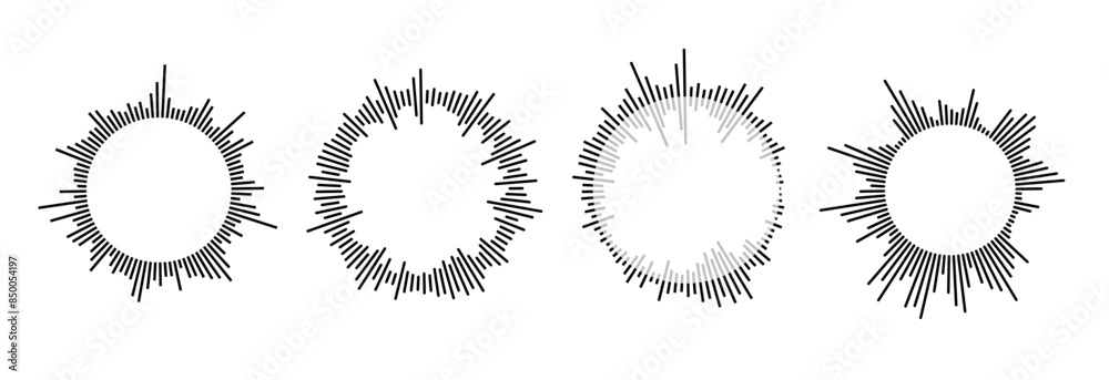 Aufkleber radial sound wave pattern set. circular audio, music or voice icon collection. round wavy equalizer 