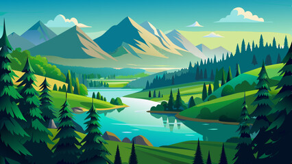 Beautiful panoramic view of the lush summer forest with spruce and pine trees, mountains, and lake
