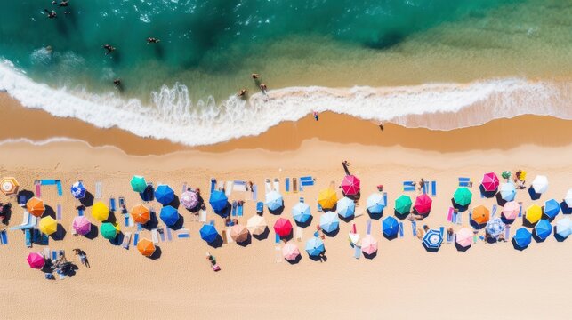 aerial view of a bustling beach scene, with colorful umbrellas, 