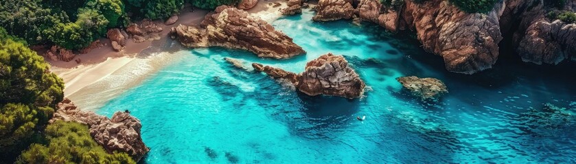 Obraz premium A breathtaking aerial view of a serene beach surrounded by rocky cliffs and clear turquoise water, perfect for travel and nature enthusiasts.