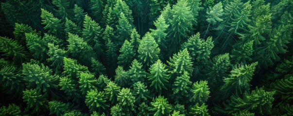 Fototapeta premium Aerial view of a dense forest with lush green pine trees, creating a natural and serene landscape.