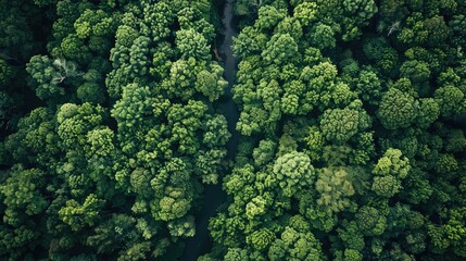 Naklejka premium Aerial view of lush green forest canopy, showcasing dense trees and natural wilderness. Perfect for environmental and nature-related content.