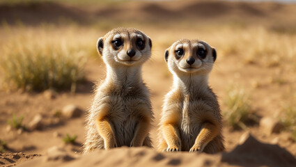 Fototapeta premium The image shows two meerkats sitting upright in the sand, facing the camera. They both have large, dark eyes. There is tall grass behind them