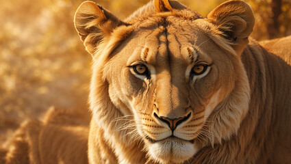 The image shows a lioness lying down and looking to the right. The light shines on her fur making her appear golden