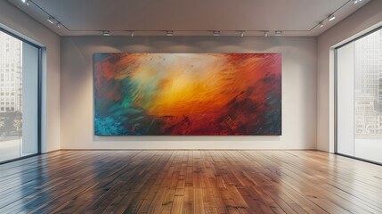 large painting on a wooden floor in a room with a wooden floor and a wooden floor