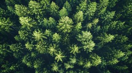 Fototapeta premium Aerial view of a dense, lush green forest showcasing the natural beauty and biodiversity of tall, vibrant pine trees in a serene, peaceful environment.