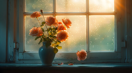 room with a vase of roses and a window with a light on it