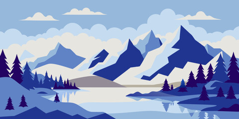 Fototapeta premium The charm of a mountain range and river highlights the breathtaking natural scenery whimsically.
