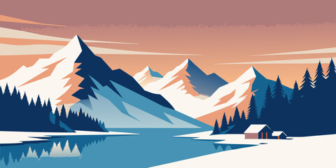 Fototapeta premium The charm of a mountain range and river highlights the breathtaking natural scenery whimsically.