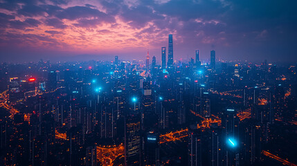 Fototapeta premium Intelligent city networks and communication in the age of AI (wireless communication on the world).