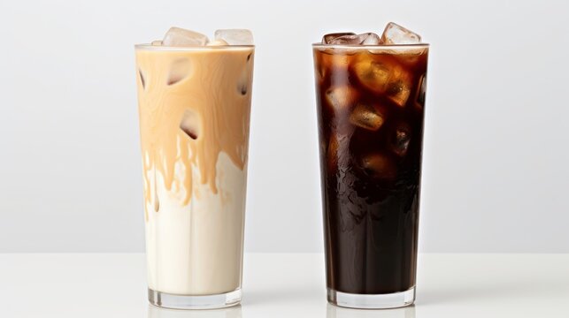 Set of black ice coffee and ice latte coffee with milk in tall glass on white background.