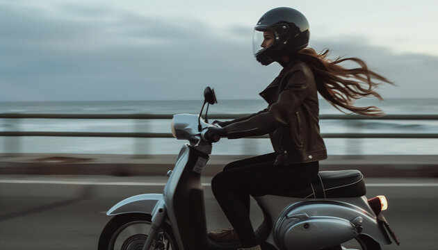 Woman riding a scooter along a coastal road at sunset, her hair flowing in the wind, capturing the freedom and adventure of a serene, scenic journey