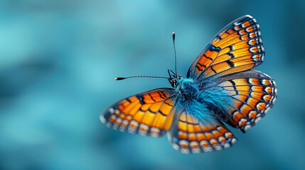 A majestic butterfly with colorful wings spreads its wings on a bright blue background, 