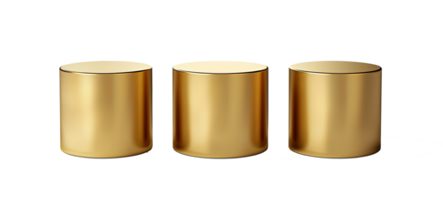 Golden empty product isolated three podiums. Geometric metallic round shapes for product branding. Gold cylinder