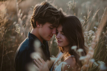 Fototapeta premium Romantic couple sharing an intimate moment in a golden field at sunset, their love beautifully highlighted by the warm, soft light, creating a serene, dreamy atmosphere