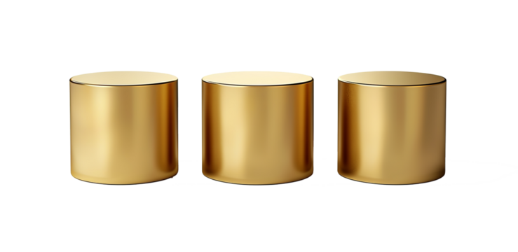 Golden empty product isolated three podiums. Geometric metallic round shapes for product branding. Gold cylinder