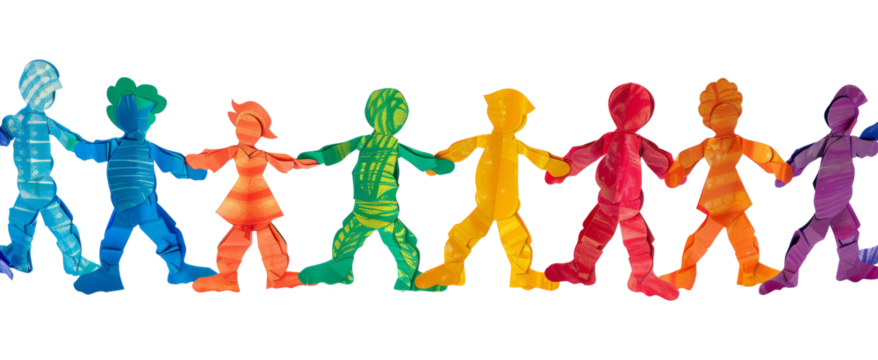 teamwork, colored paper people over transparent background