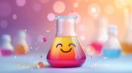 A smiling science beaker with bokeh background, education element