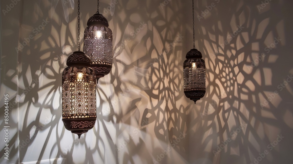 Canvas Prints Islamic lanterns casting intricate shadows against a white wall, creating a mesmerizing effect.