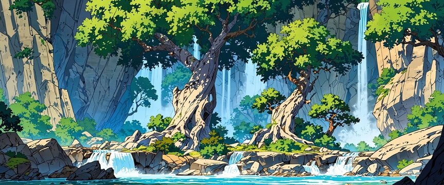 Fantasy Landscape with majestic trees, rocky cliffs, and waterfalls in the style of Japanse anime cel shading.