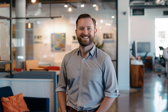 A smiling man stands confidently in a modern office, exuding professionalism and friendliness. The bright, open space and his relaxed demeanor create a welcoming work environment