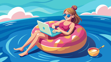 Independent woman in sunglasses floating on a big inflatable pink donut with a laptop in the sea. Rest Lifestyle Concept vector illustration