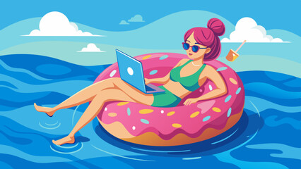 Independent woman in sunglasses floating on a big inflatable pink donut with a laptop in the sea. Rest Lifestyle Concept vector illustration