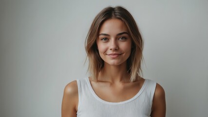 Obraz premium Portrait of young happy white brunette woman smiling standing in front of blank white wall looks in camera