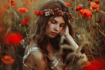 Dreamy portrait of a young woman amidst vibrant red poppies, capturing a sense of serenity, great for abstract, best-seller wallpaper use