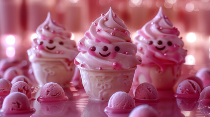 웃는 표정의 귀여운 딸기맛 소프트콘 아이스크림