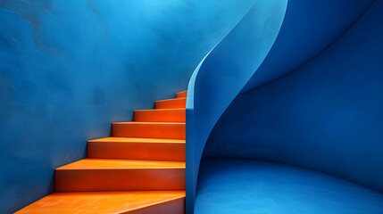Blue stairs leading to orange top step, success, top level or career minimal modern concept