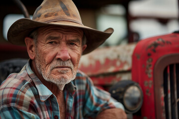 Fototapeta premium An elderly farmer with a weathered face sits by his vintage red tractor. The rustic scene and his determined expression highlight his hard work and connection to the land