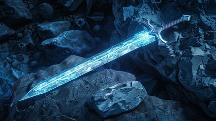 A fantastical glowing sword set among rocks provides a magical abstract concept ideal for wallpaper or a background likely to be a best-seller
