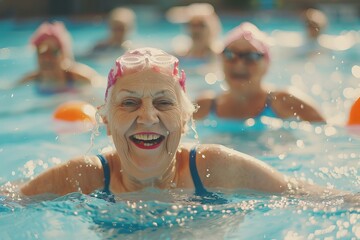 An elderly woman swims joyfully with friends, abstractly representing vitality in an energizing water background, likely a lifestyle best-seller