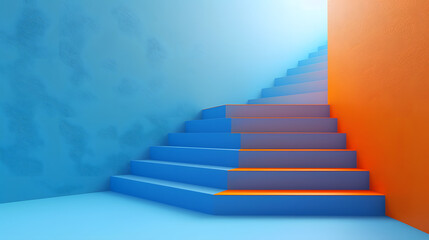 Blue stairs leading to orange top step, success, top level or career minimal modern concept