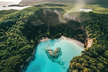 Aerial view of a stunning coastal lagoon surrounded by lush greenery and cliffs with crystal-clear turquoise water.