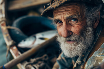 An elderly fisherman with a weathered face and kind eyes sits in his boat. The rustic setting and his thoughtful expression reflect a lifetime of stories and wisdom