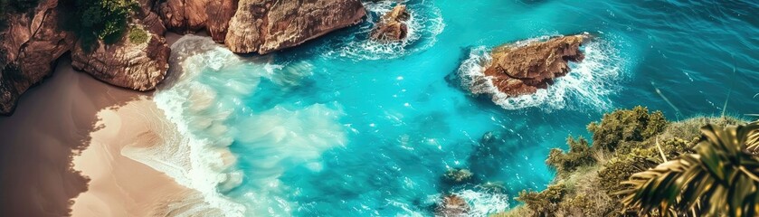 Stunning aerial view of a tropical beach with turquoise waters, rocky cliffs, and lush greenery under a bright, sunny sky.