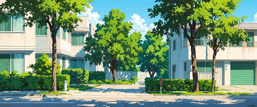 Green urban environment, parks and trees in residential area on sunny day anime illustration.