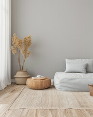 Living room interiors composition with minimal arrangements and ample copyspace. Home interior design composition in warm color.