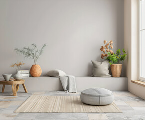 Living room interiors composition with minimal arrangements and ample copyspace. Home interior design composition in warm color.