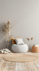 Living room interiors composition with minimal arrangements and ample copyspace. Home interior design composition in warm color.