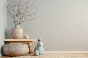 Living room interiors composition with minimal arrangements and ample copyspace. Home interior design composition in warm color.