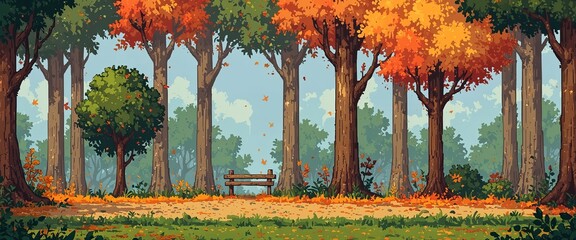 2d pixel art of autumn forest, wild, falling leaf , game art, 16 bits, 32 bits.