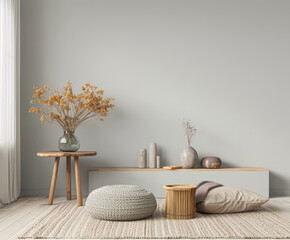 Living room interiors composition with minimal arrangements and ample copyspace. Home interior design composition in warm color.
