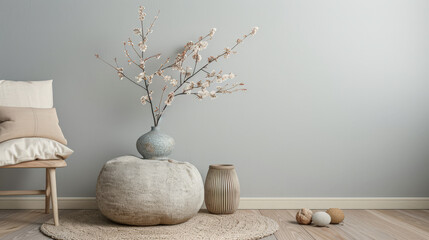 Living room interiors composition with minimal arrangements and ample copyspace. Home interior design composition in warm color.