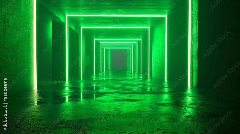 Canvas Prints This abstract image shows a corridor illuminated by green neon lights, creating a futuristic wallpaper and background for a best-seller