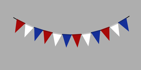 Bunting flags garland, party flags in red, white and blue colors. Patriotic pennant decoration for USA Independence Day. Vector illustration.